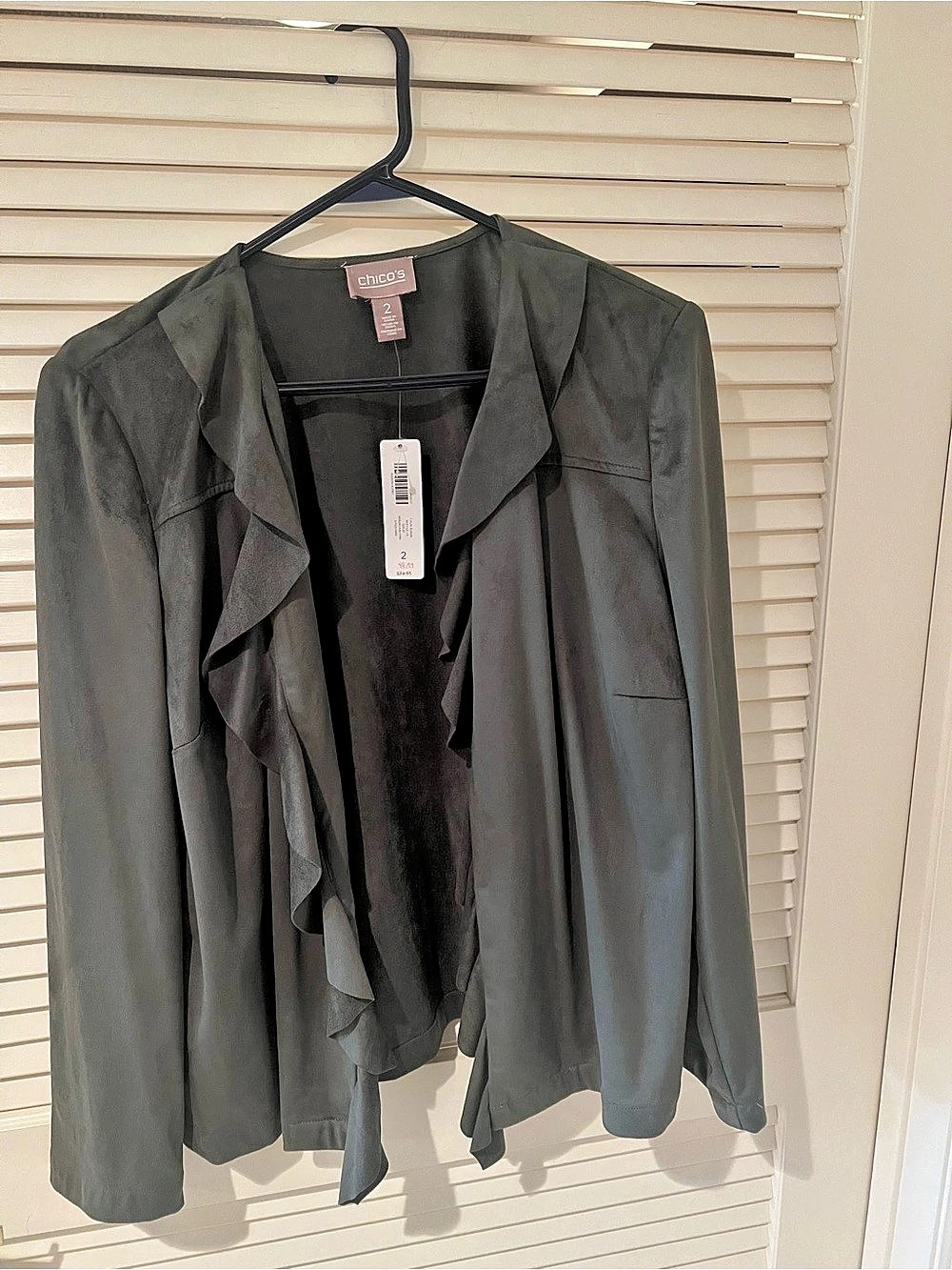 Chico's Faux Suede Ruffle LS Open Jacket Black Size 2